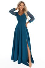 640-7 LORETTA Exceptional long dress with tulle sleeves and neckline - sea green-11