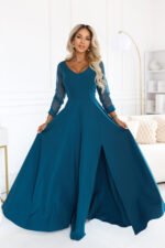 640-7 LORETTA Exceptional long dress with tulle sleeves and neckline - sea green-4