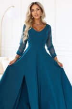 640-7 LORETTA Exceptional long dress with tulle sleeves and neckline - sea green-6