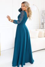 640-7 LORETTA Exceptional long dress with tulle sleeves and neckline - sea green-3