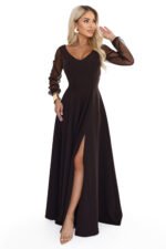 640-8 LORETTA Exceptional long dress with tulle sleeves and neckline - chocolate brown-11
