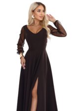 640-8 LORETTA Exceptional long dress with tulle sleeves and neckline - chocolate brown-12