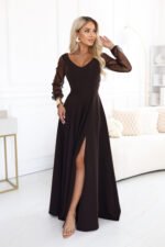 640-8 LORETTA Exceptional long dress with tulle sleeves and neckline - chocolate brown-14