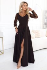 640-8 LORETTA Exceptional long dress with tulle sleeves and neckline - chocolate brown-1