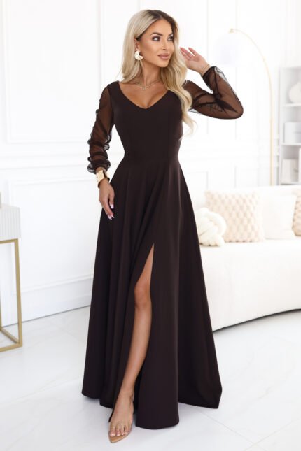 640-8 LORETTA Exceptional long dress with tulle sleeves and neckline - chocolate brown-1