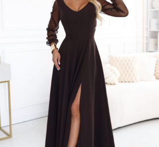 640-8 LORETTA Exceptional long dress with tulle sleeves and neckline - chocolate brown-1