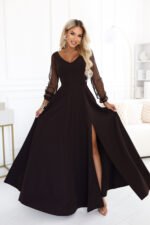 640-8 LORETTA Exceptional long dress with tulle sleeves and neckline - chocolate brown-4