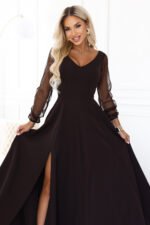 640-8 LORETTA Exceptional long dress with tulle sleeves and neckline - chocolate brown-7