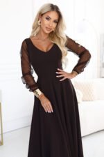 640-8 LORETTA Exceptional long dress with tulle sleeves and neckline - chocolate brown-2