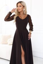 640-8 LORETTA Exceptional long dress with tulle sleeves and neckline - chocolate brown-5