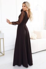 640-8 LORETTA Exceptional long dress with tulle sleeves and neckline - chocolate brown-3