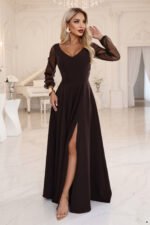 640-8 LORETTA Exceptional long dress with tulle sleeves and neckline - chocolate brown-8