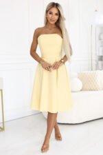 641-3 VIVIENNE Corset Flared Midi Dress with Belt - Pastel Yellow-3