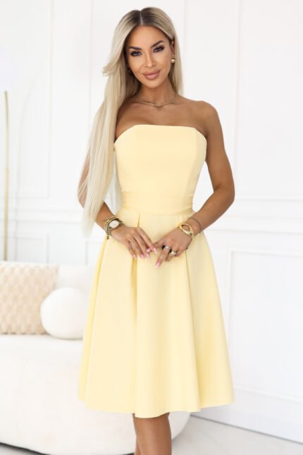 641-3 VIVIENNE Corset Flared Midi Dress with Belt - Pastel Yellow-1