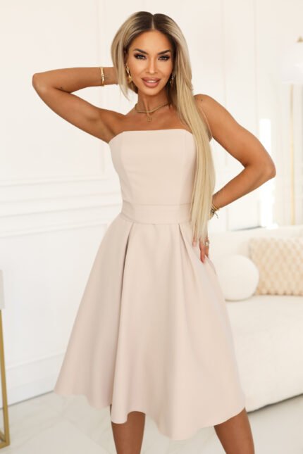 641-4 VIVIENNE Corset Flared Midi Dress with Belt - Light Beige-1