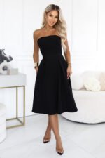 641-5 VIVIENNE Corset-style flared midi dress with a belt - black-6