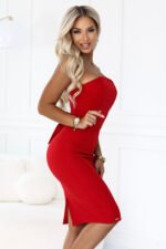 642-4 Corset-style fitted pencil midi dress with belt - deep red-6