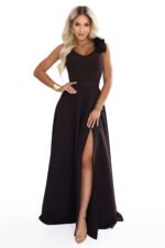 643-10 Elegant evening maxi dress with a slit and roses - chocolate brown-12