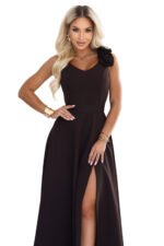 643-10 Elegant evening maxi dress with a slit and roses - chocolate brown-11