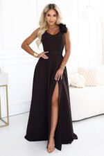 643-10 Elegant evening maxi dress with a slit and roses - chocolate brown-1