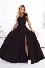 643-10 Elegant evening maxi dress with a slit and roses - chocolate brown-4