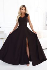 643-10 Elegant evening maxi dress with a slit and roses - chocolate brown-4