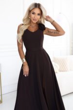 643-10 Elegant evening maxi dress with a slit and roses - chocolate brown-2