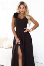 643-10 Elegant evening maxi dress with a slit and roses - chocolate brown-5