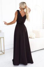 643-10 Elegant evening maxi dress with a slit and roses - chocolate brown-3