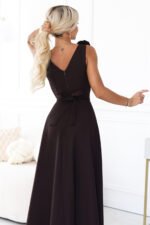 643-10 Elegant evening maxi dress with a slit and roses - chocolate brown-6