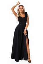 643-2 Elegant maxi evening dress with a slit and roses - classic black-10