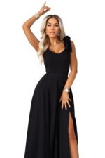 643-2 Elegant maxi evening dress with a slit and roses - classic black-11