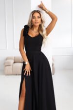 643-2 Elegant maxi evening dress with a slit and roses - classic black-5
