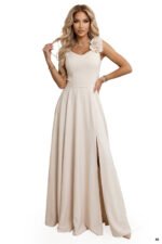 643-3 Elegant Evening Maxi Gown with Slit and Roses - Beige-9