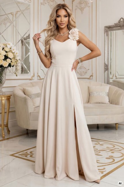 643-3 Elegant Evening Maxi Gown with Slit and Roses - Beige-1