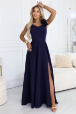 643-4 Elegant Evening Maxi Gown with Slit and Roses - Navy Blue-4
