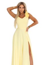 643-5 Elegant evening maxi dress with a slit and roses - butter yellow-9