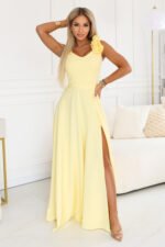 643-5 Elegant evening maxi dress with a slit and roses - butter yellow-1