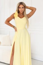 643-5 Elegant evening maxi dress with a slit and roses - butter yellow-5