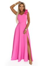 643-6 Elegant evening maxi dress with a slit and roses - candy pink-8