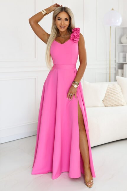 643-6 Elegant evening maxi dress with a slit and roses - candy pink-1