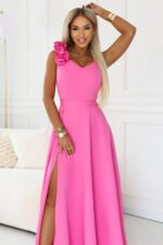 643-6 Elegant evening maxi dress with a slit and roses - candy pink-5