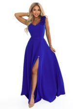 643-8 Elegant evening maxi dress with a slit and roses - cornflower blue-11