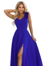643-8 Elegant evening maxi dress with a slit and roses - cornflower blue-12
