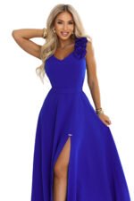 643-8 Elegant evening maxi dress with a slit and roses - cornflower blue-12
