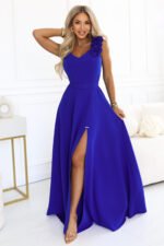 643-8 Elegant evening maxi dress with a slit and roses - cornflower blue-1