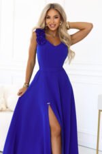 643-8 Elegant evening maxi dress with a slit and roses - cornflower blue-5