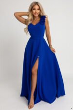 643-8 Elegant evening maxi dress with a slit and roses - cornflower blue-7