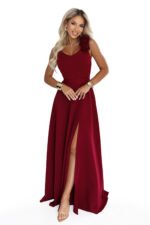 643-9 Elegant evening maxi dress with a slit and roses - burgundy-9
