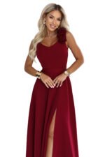 643-9 Elegant evening maxi dress with a slit and roses - burgundy-10